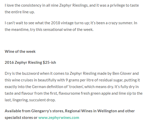 Summer of Riesling and Wine of the week… 2016 Zephyr Riesling Zephyr Wine